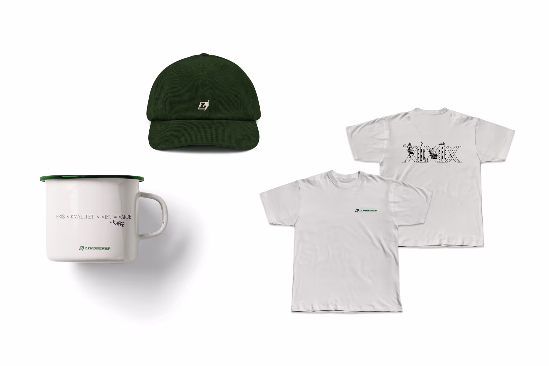 Mockups of Lindbergs merchandise