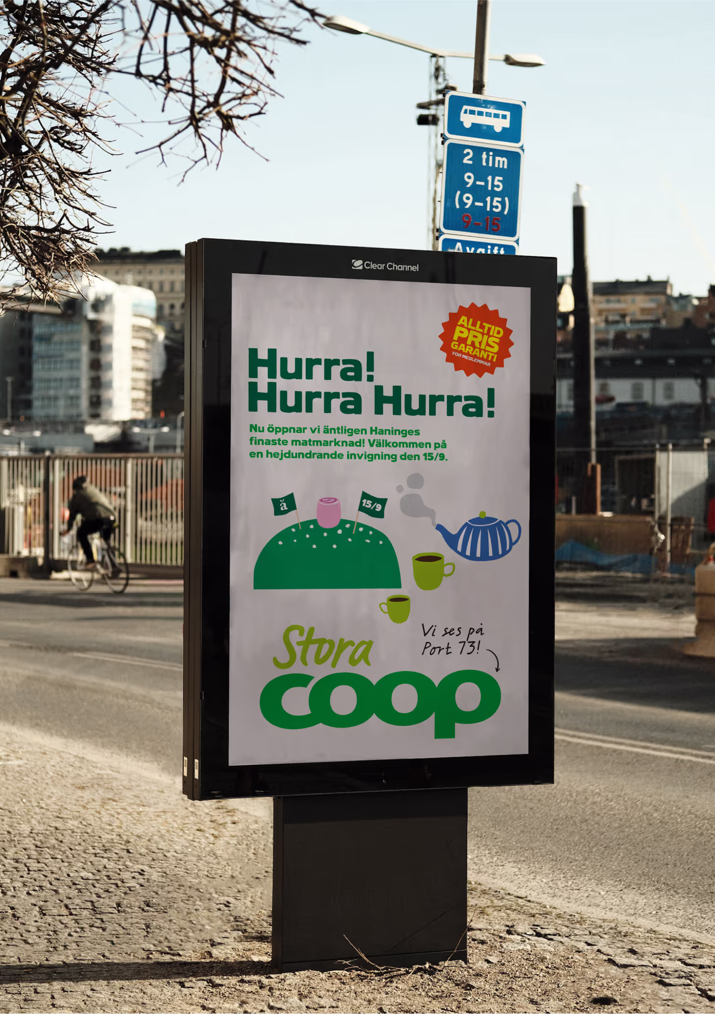 Street poster announcing the opening of Stora Coop's Port 73 food market in Haninge