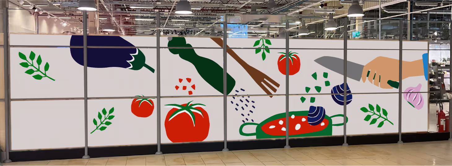 A tapestry at Coop Haninge with illustrations