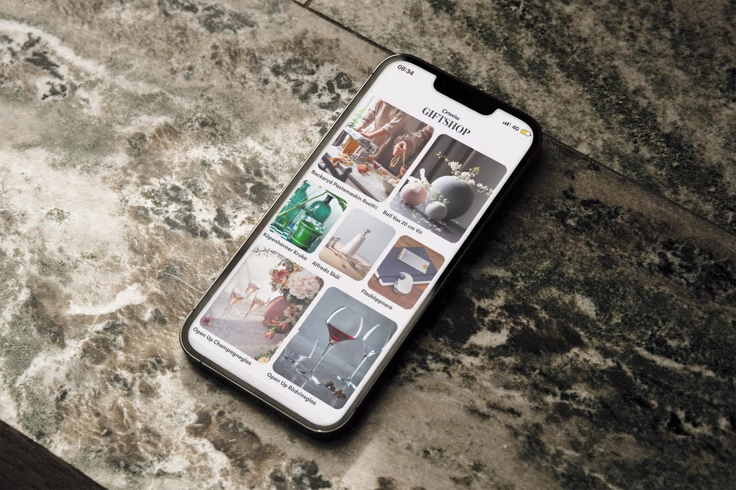 Phone mockup of the feed with marble background