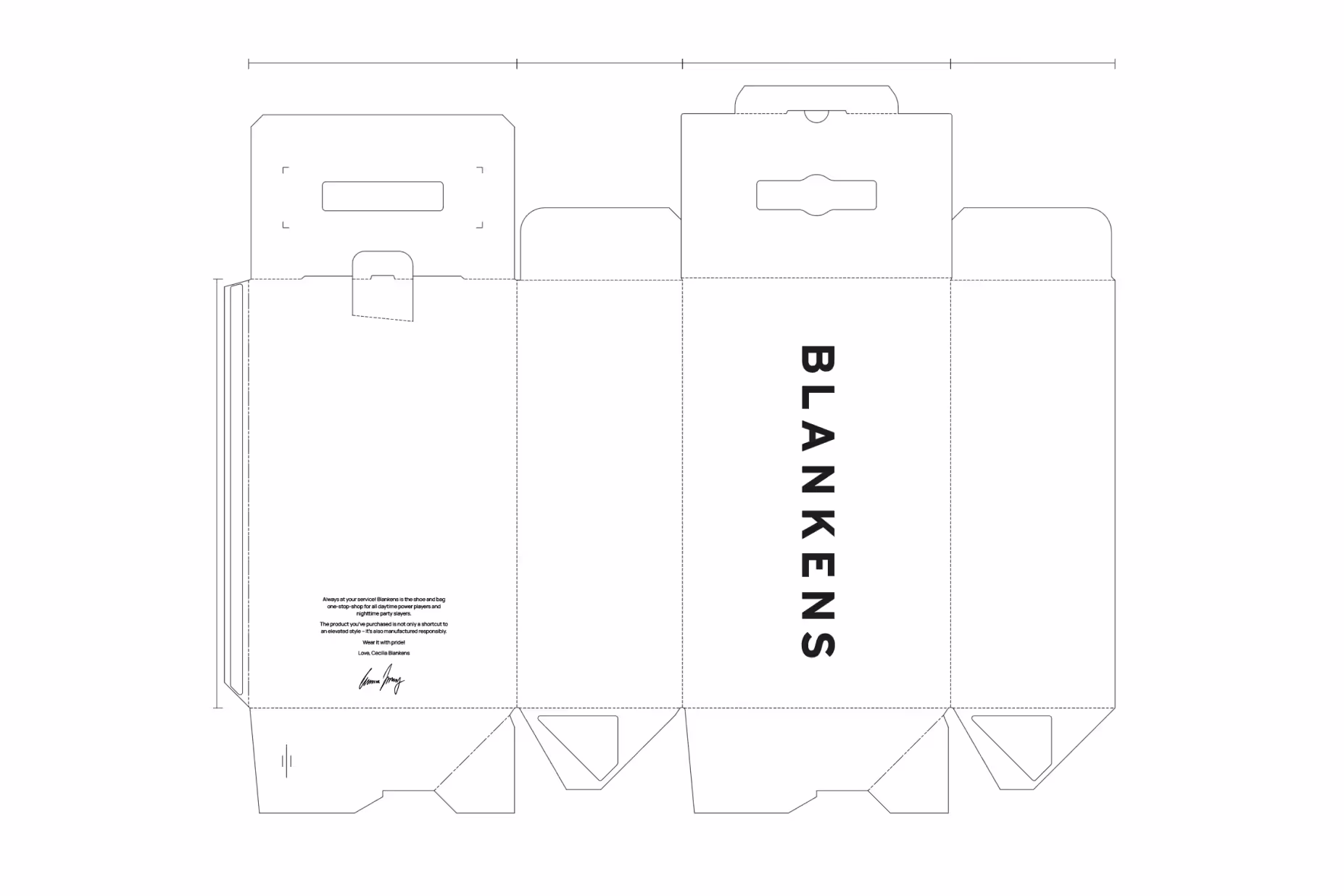 Packaging dieline for the Blankens shoe box with vertical logotype