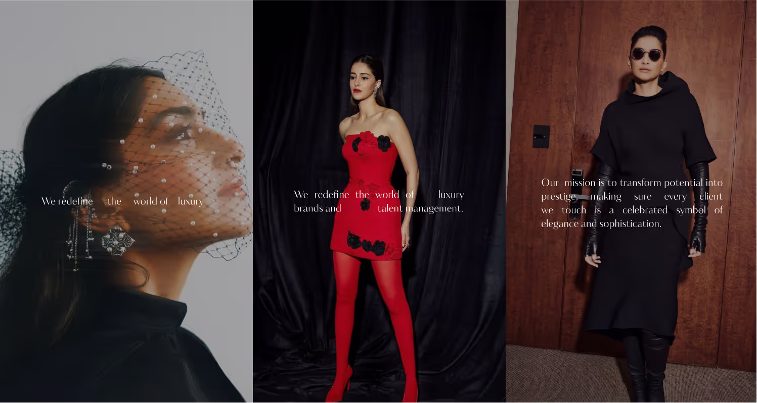 Three fashion portraits overlaid with Modha brand messaging