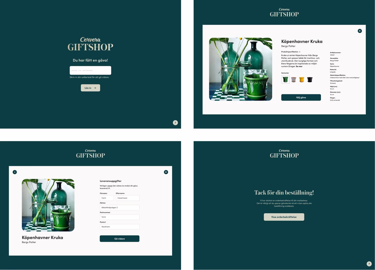 Four images in a collage with the gift card website