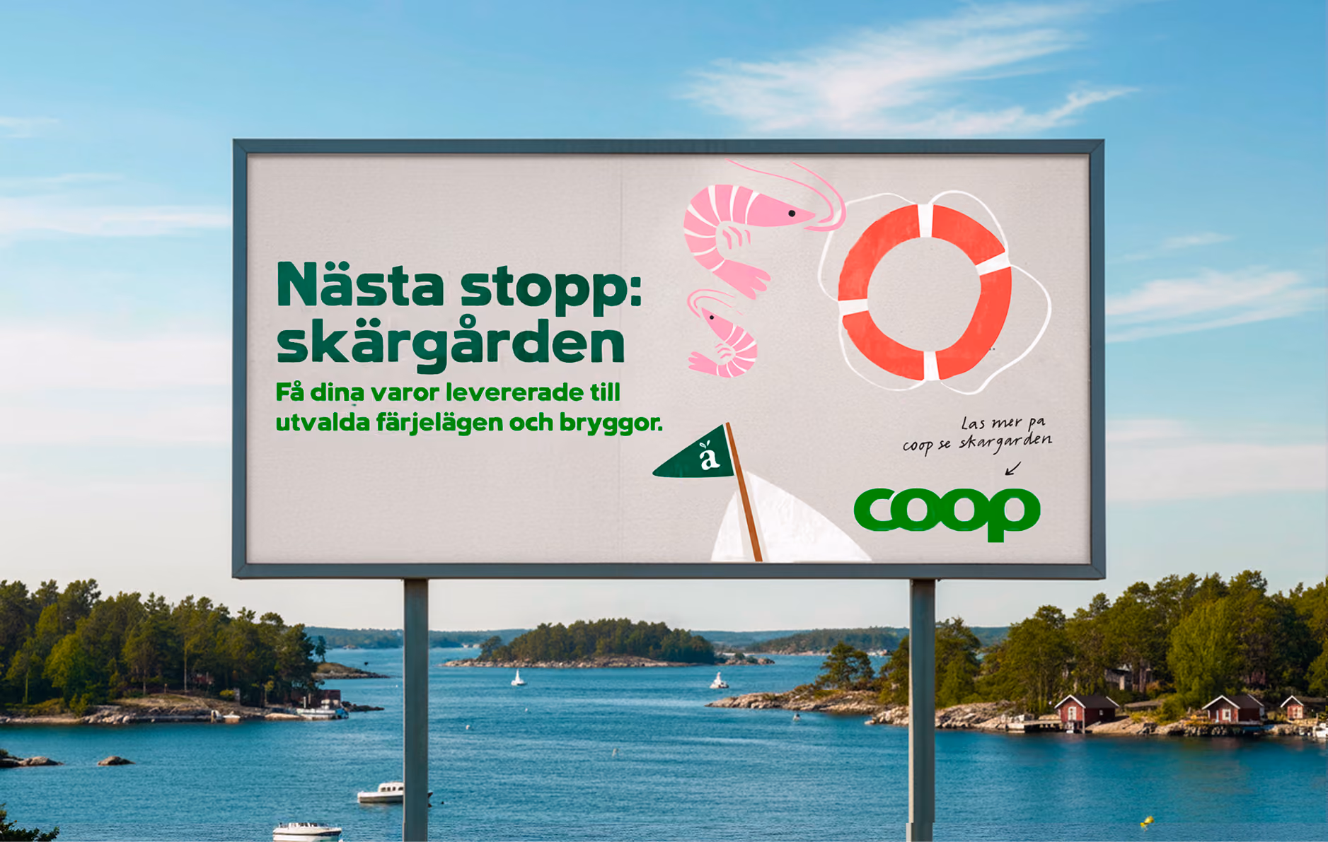 Billboard over an archipelago bay reading 'Nästa stopp: skärgården' with shrimp and lifebuoy illustrations