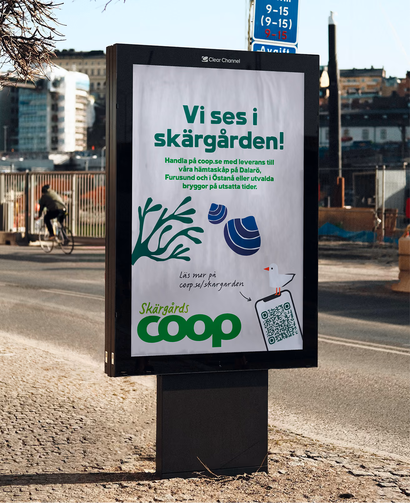 City billboard for Coop Skärgården reading 'Vi ses i skärgården!' with seashell illustrations