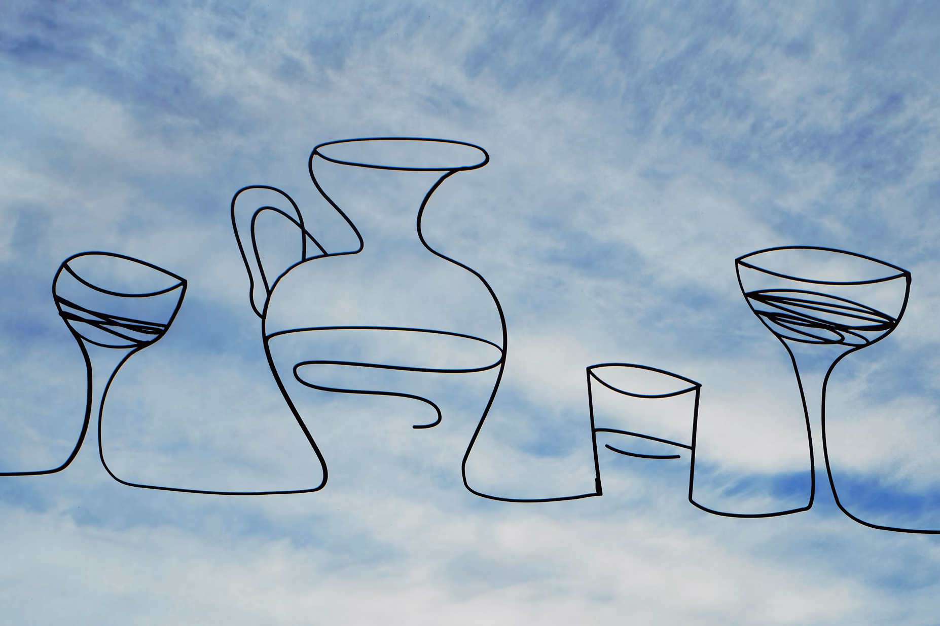 One-line illustration of a wine carafe and glasses against a blue sky