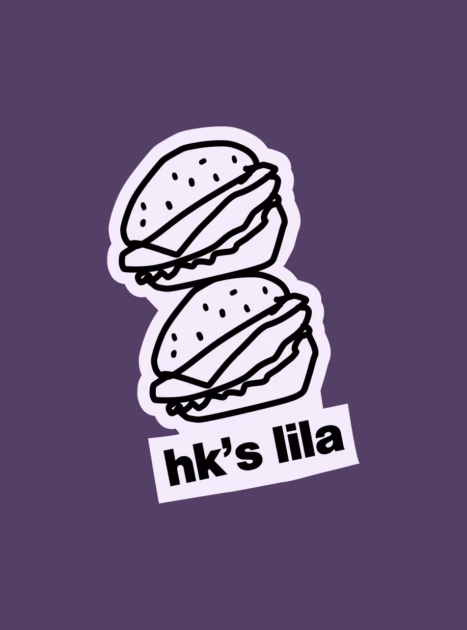 HK's Lila logo sticker: two hand-drawn burgers on a purple background