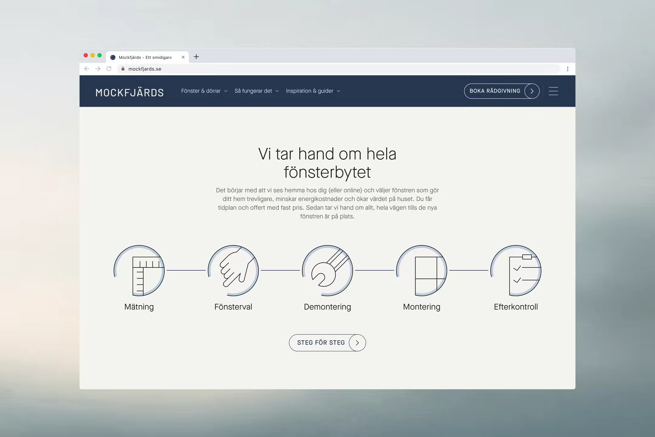 The mockfjards.se desktop site laying out the five steps of a window replacement