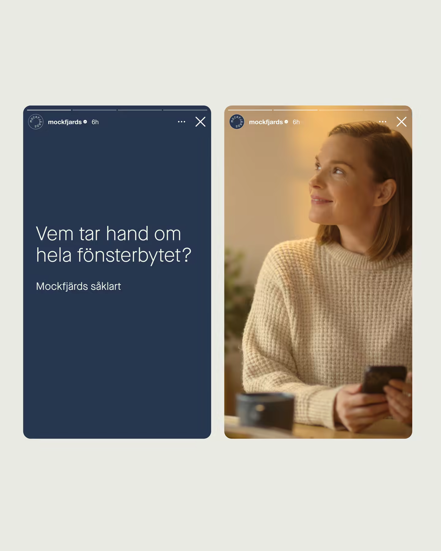 Two Mockfjärds Instagram stories, one typographic and one with a customer at her kitchen table