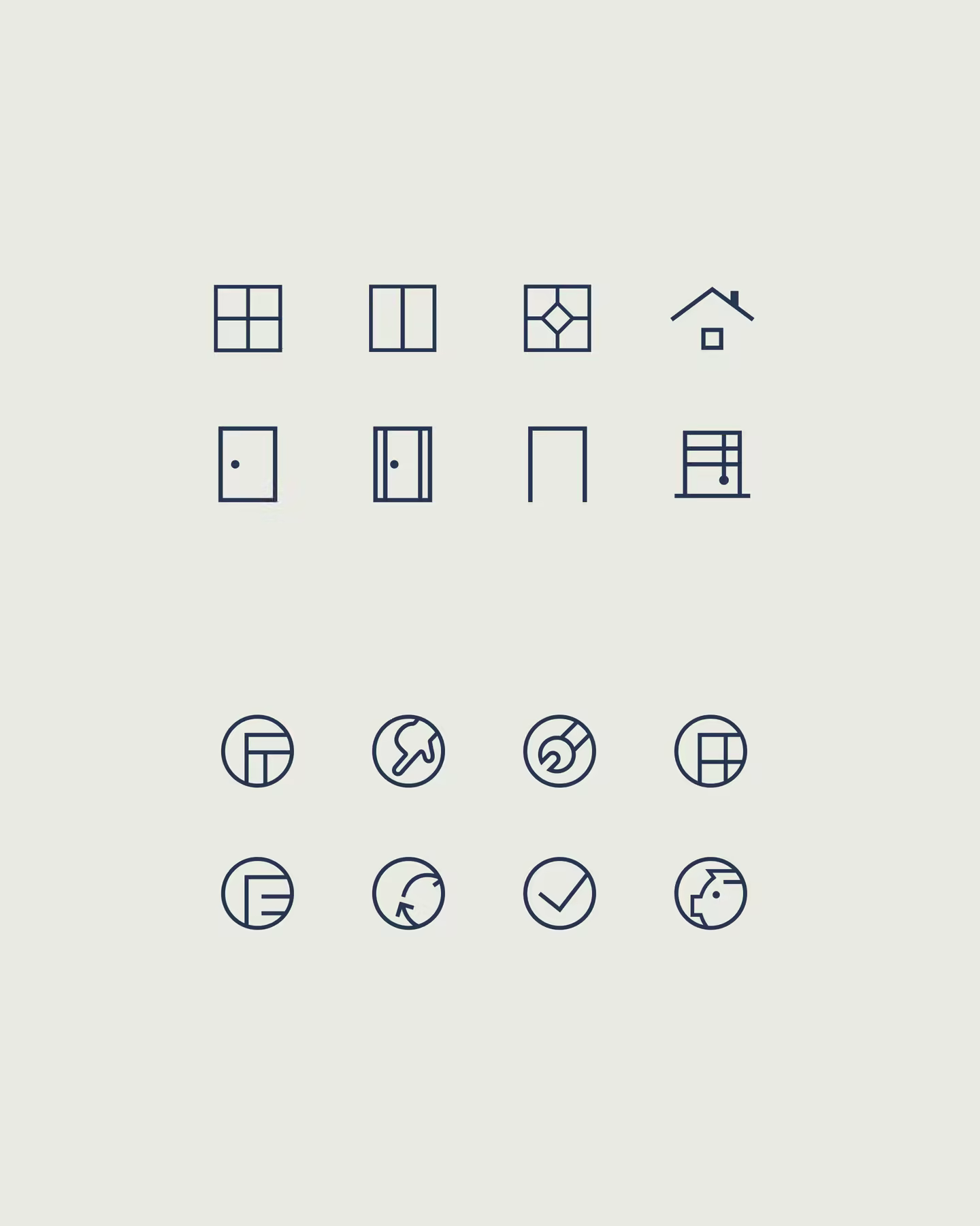 The Mockfjärds icon set: window types, doors and service marks drawn in one line weight
