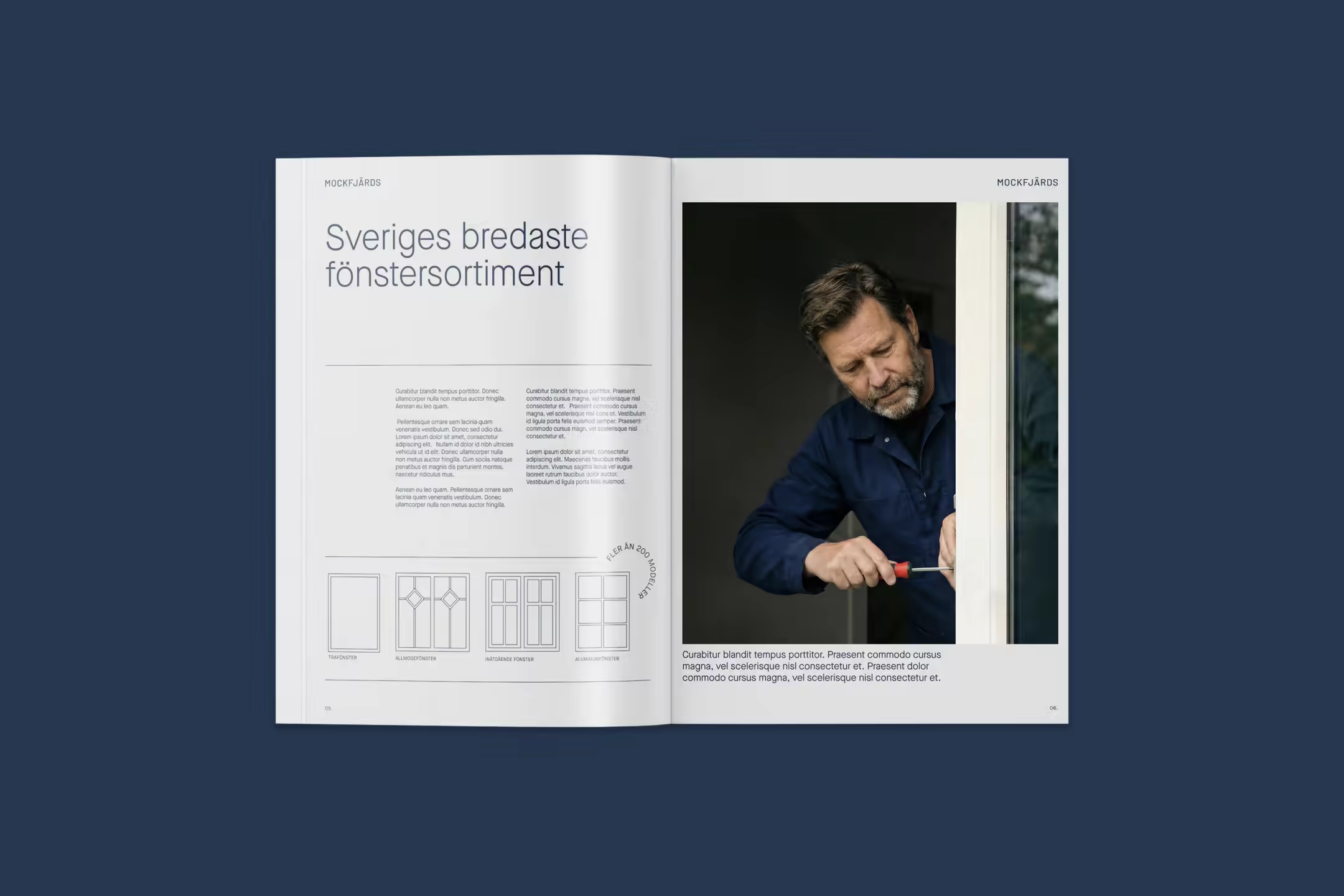 A spread from the Mockfjärds catalogue, headlined Sveriges bredaste fönstersortiment