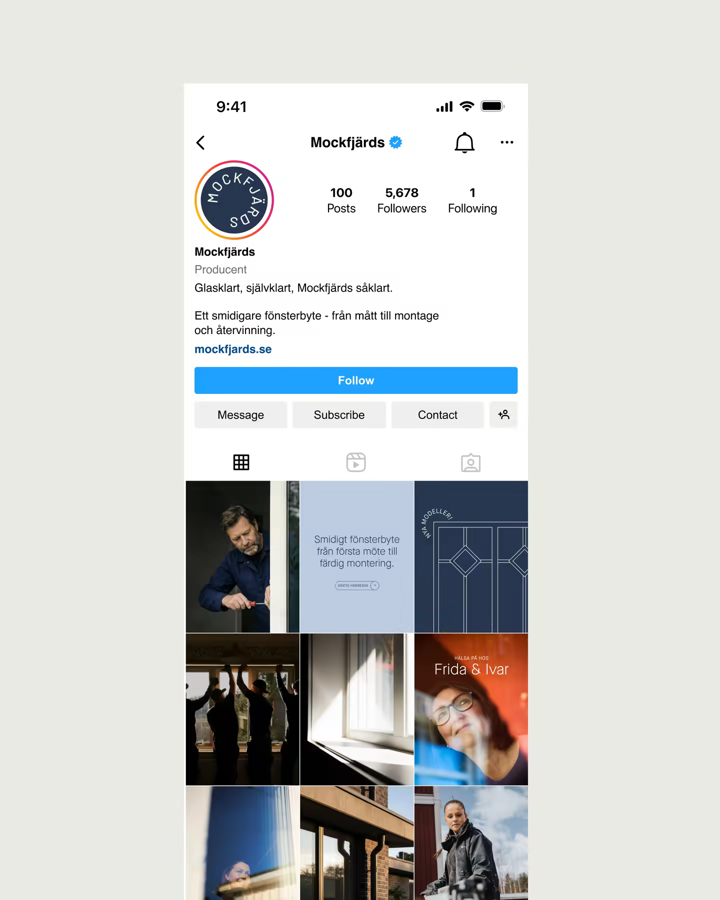 The Mockfjärds Instagram profile, with the roundel as its avatar above a nine-post grid