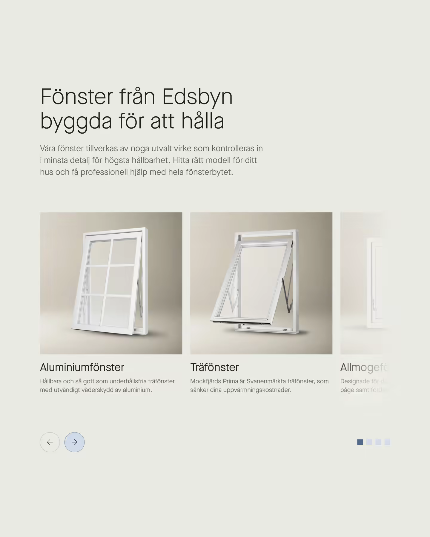 The product carousel on mockfjards.se, headlined Fönster från Edsbyn byggda för att hålla