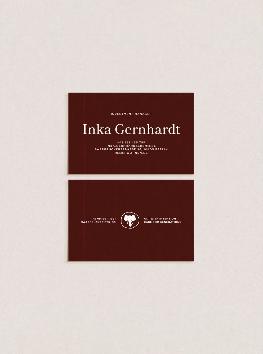 Burgundy REMM business cards, front and back