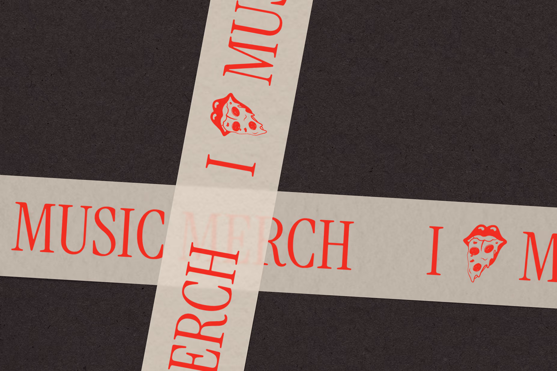 Packing tape printed with 'I love music merch' and pizza slice graphics