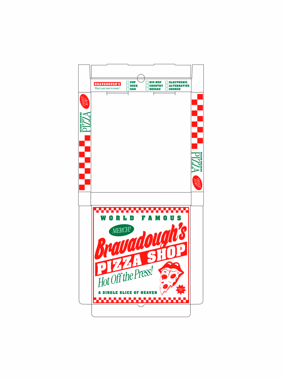 Flat dieline artwork for the Bravadough's Pizza Shop box