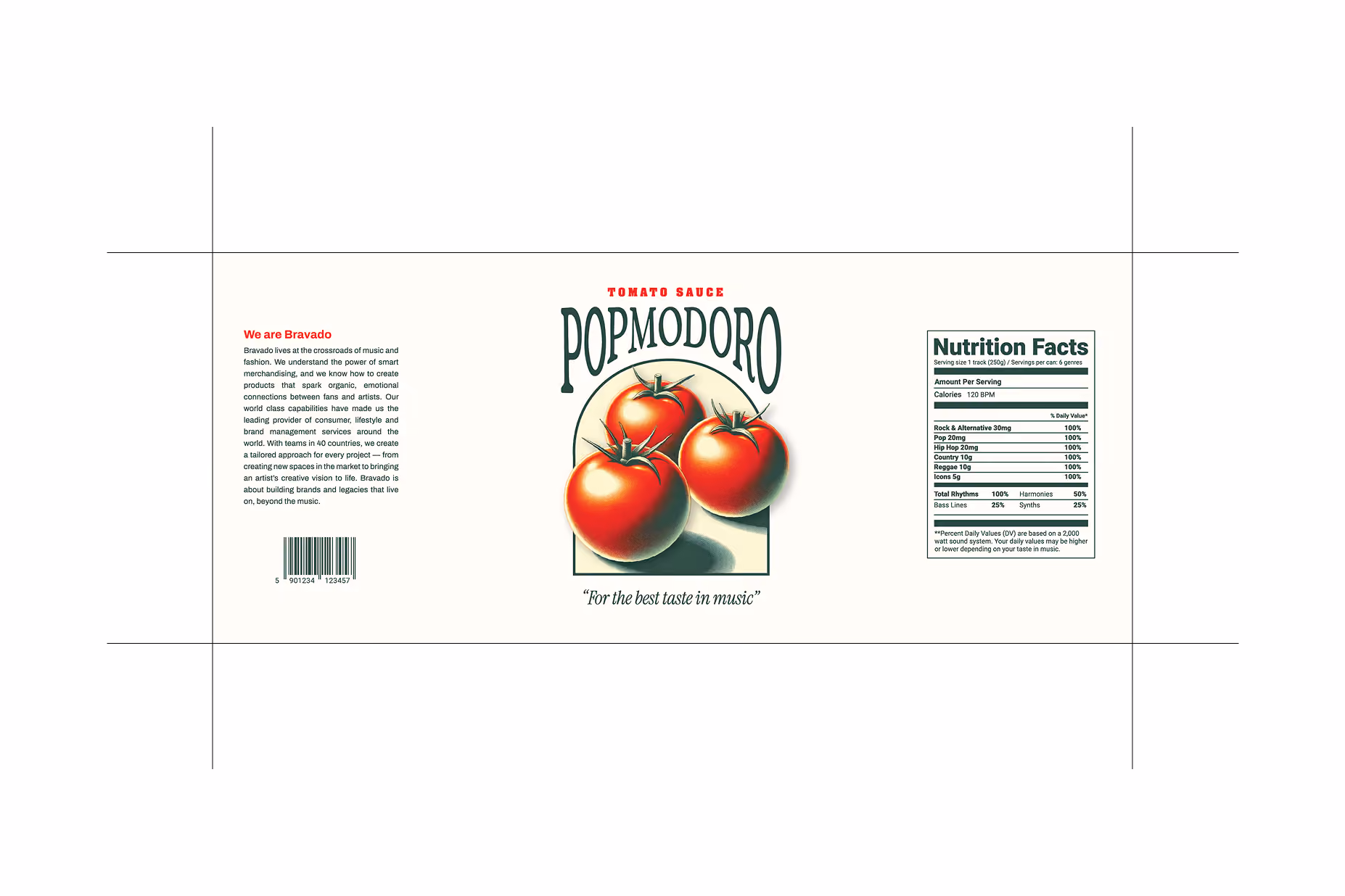 Popmodoro tomato sauce label design, 'For the best taste in music'
