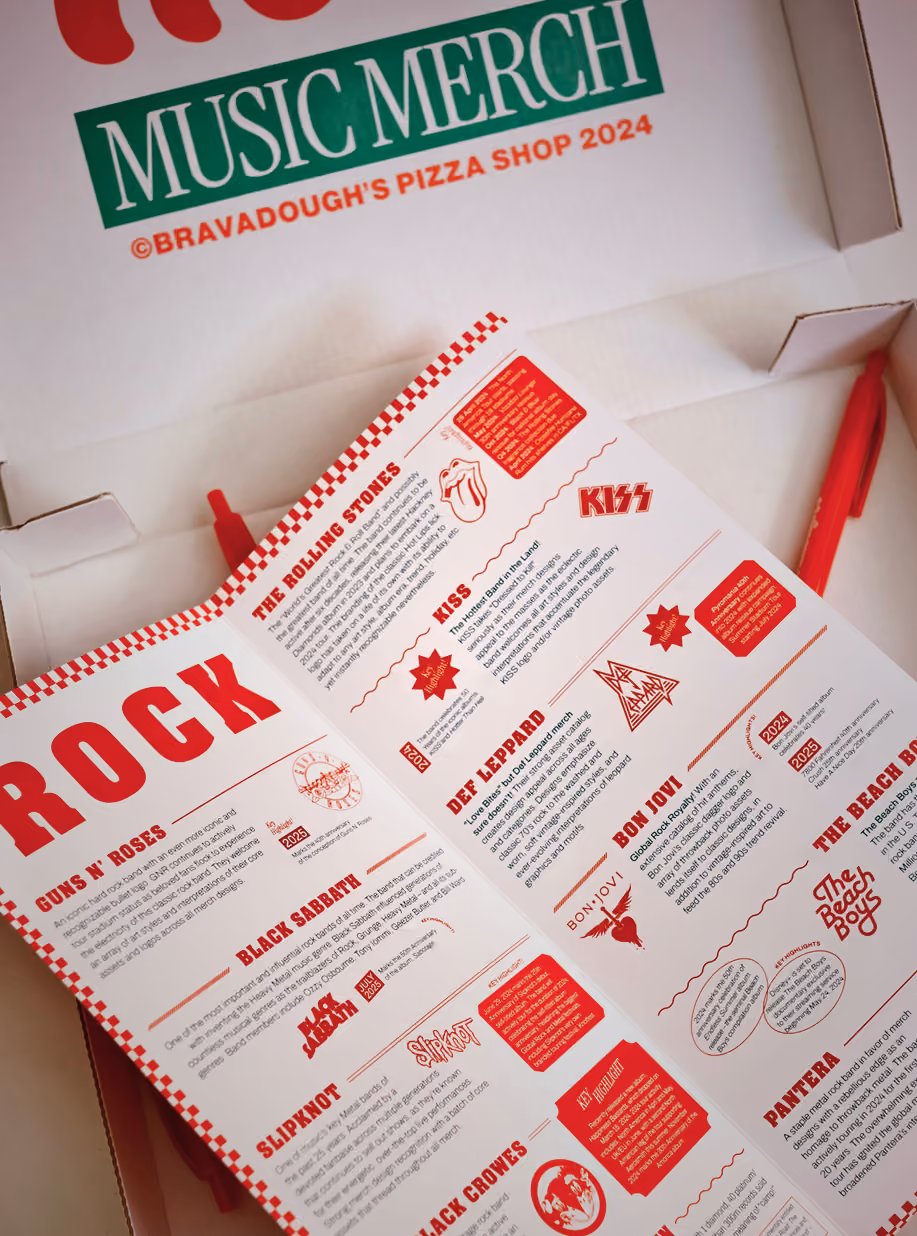 Menu-style brochure of rock artists inside a pizza box